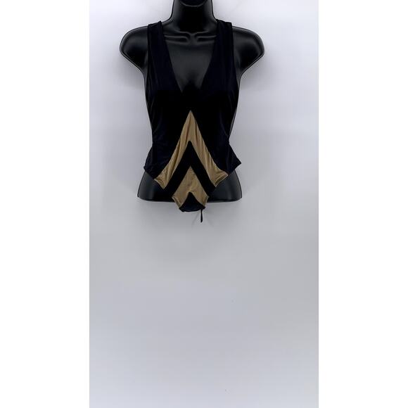 PD Women's Black-Beige Chevron Mesh V-Neck Back Lace-Up One-Piece Leotard SZ XS - Picture 1 of 10